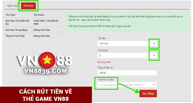 Cách rút tiền bằng Thẻ game VN88