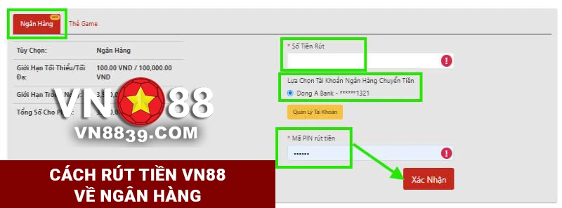 Cách rút tiền VN88 về ngân hàng nội địa