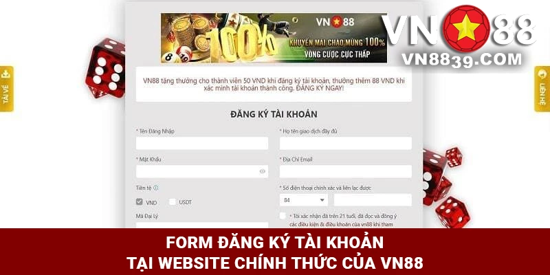 Form đăng ký tài khoản tại trang chủ VN88