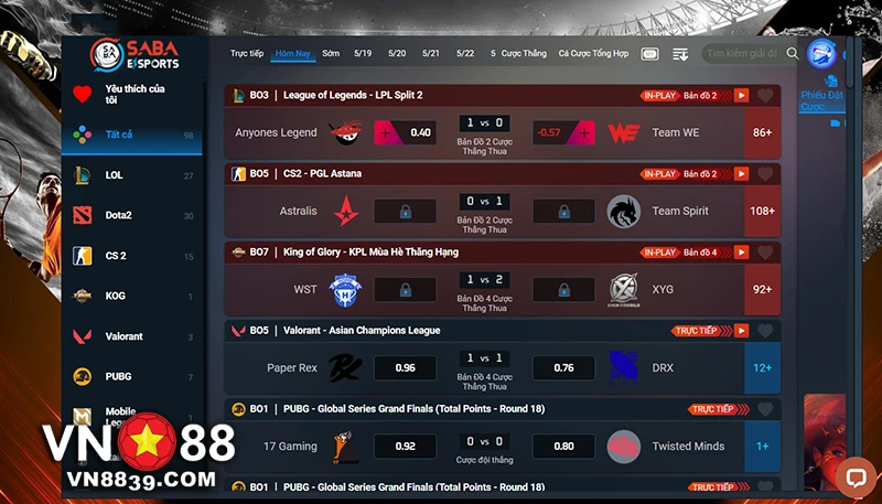 Giao diện sảnh thể thao điện tử SABA Esports tại Nhà cái VN88