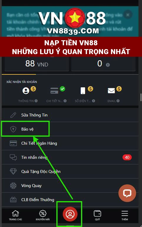 Vị trí mục Bảo vệ trên giao diện điện thoại và app VN88
